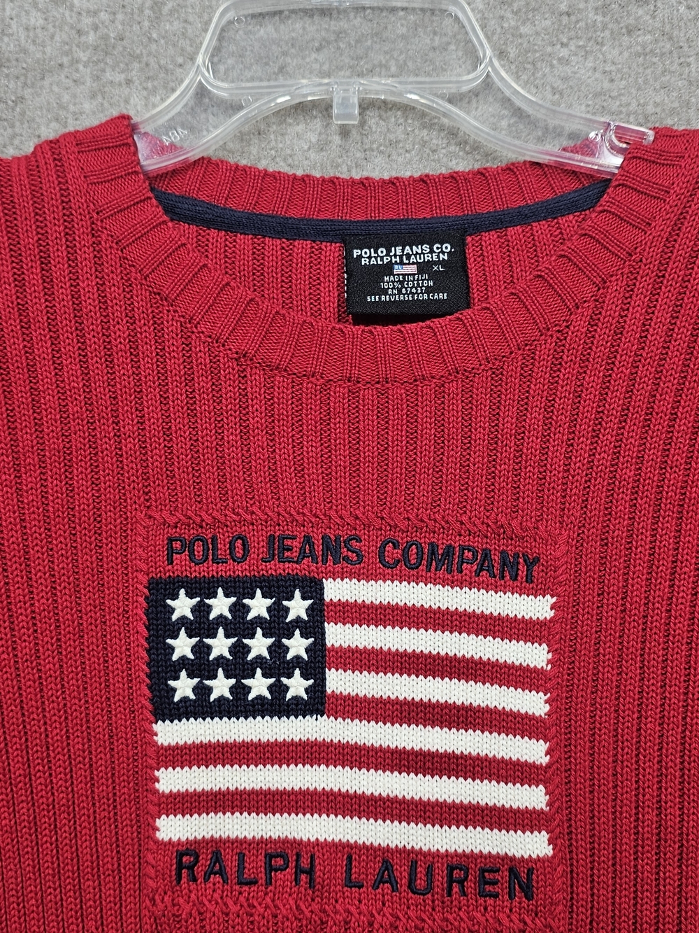 Y2K Polo Jeans Co Ralph Lauren XL Red American Flag Cotton Ribbed Sweater - Picture 5 of 13